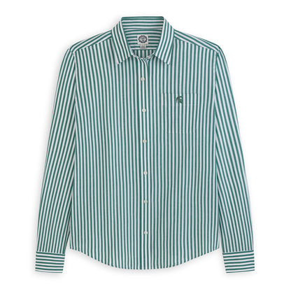 Women's green and white striped poplin button-down shirt with embroidered logo on pocket, Class Trip | Officially Licensed Collegiate Apparel