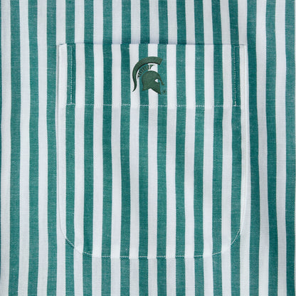 Green and white striped shirt pocket with stitched Spartan helmet logo. Class Trip | Officially Licensed Collegiate Apparel