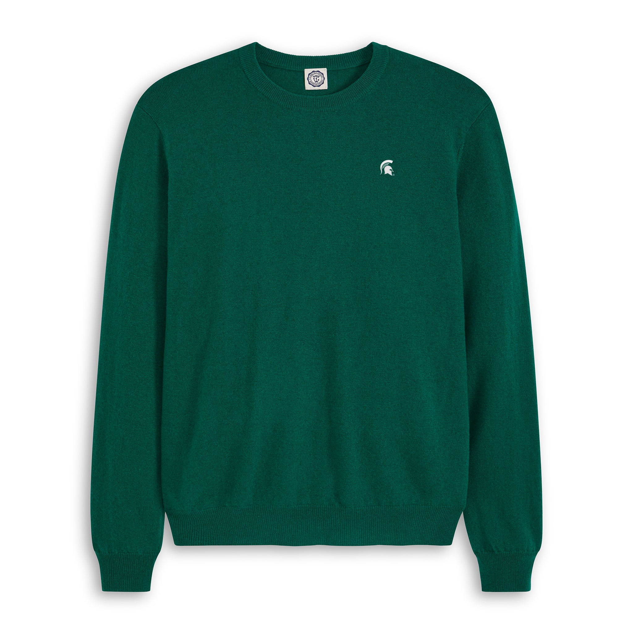 Men's green merino crewneck sweater with collegiate Spartan logo, Class Trip | Officially Licensed Collegiate Apparel