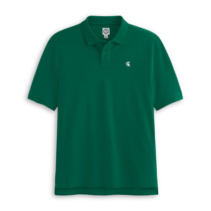 Green collegiate polo shirt with embroidered white mascot logo, front view. Class Trip | Officially Licensed Collegiate Apparel
