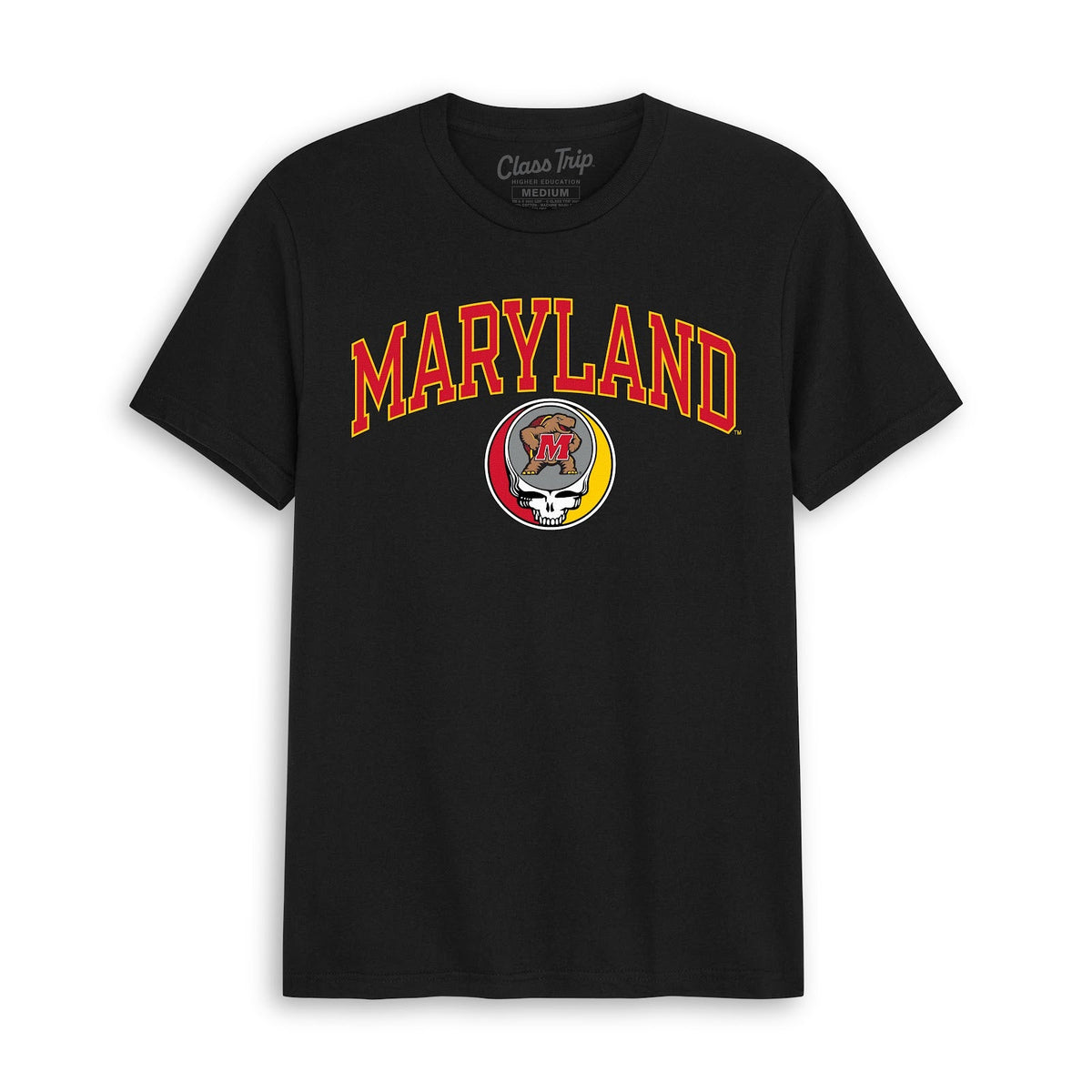 Front flat lay of the Black Maryland x Grateful Dead Steal Your Face Arch Tee. Class Trip | Higher Education