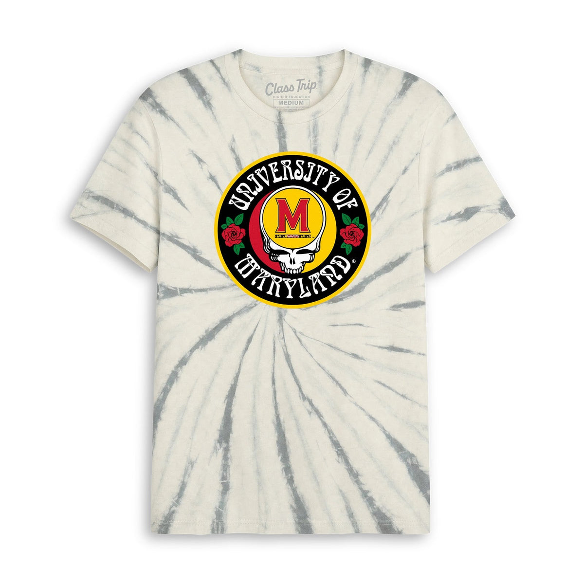Front flat lay of the Grey Tie Dye Maryland x Grateful Dead Run For The Roses Tie Dye Tee. Class Trip | Higher Education