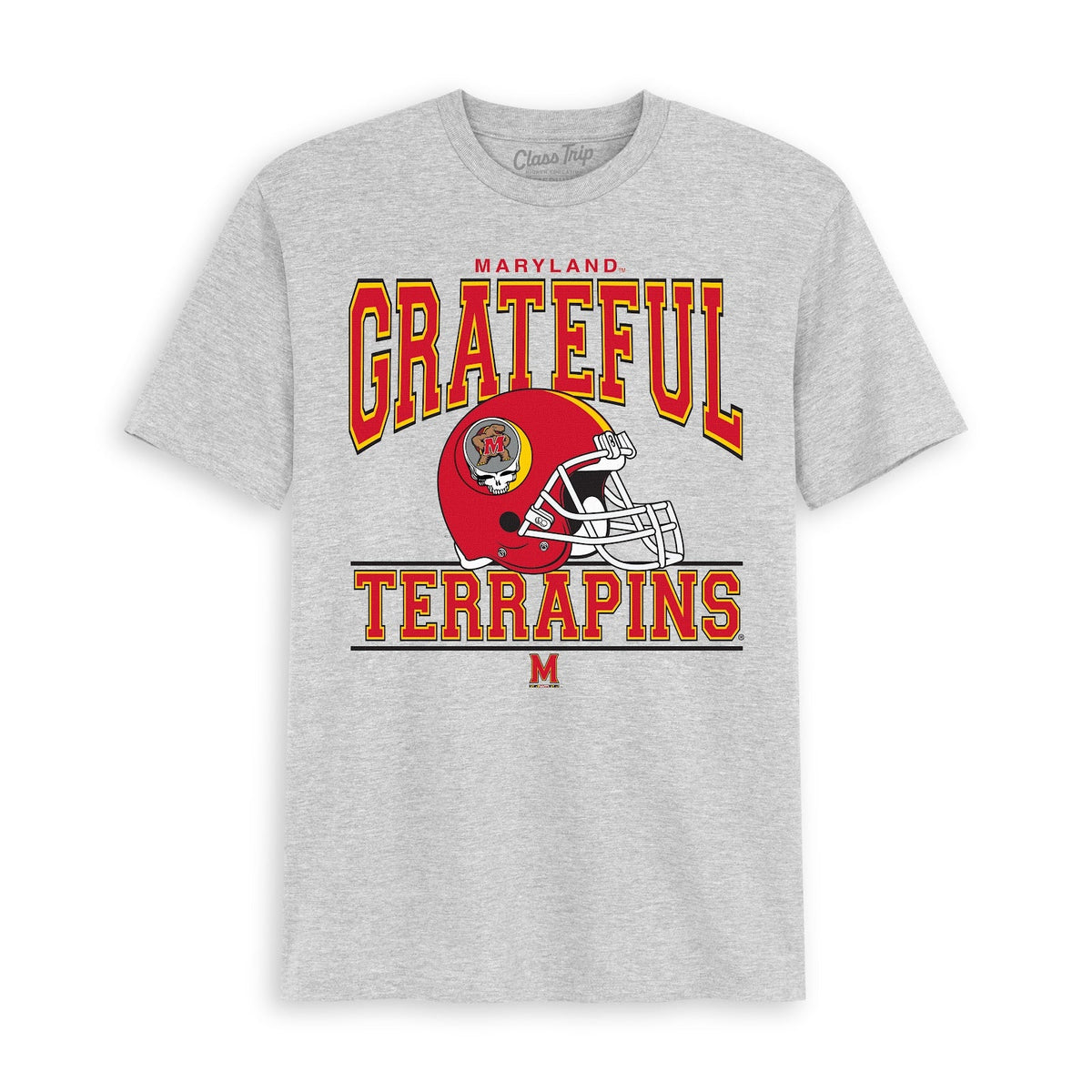 Front flat lay of the Heather Grey Maryland x Grateful Dead Steal Your Helmet Tee. Class Trip | Higher Education