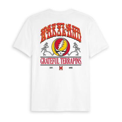 Back flat lay of the White Maryland x Grateful Dead Shakedown Tee. Class Trip | Higher Education