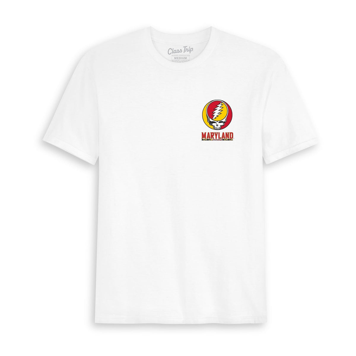 Front flat lay of the White Maryland x Grateful Dead Shakedown Tee. Class Trip | Higher Education