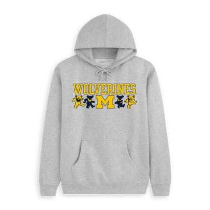 Gray Michigan Wolverines hoodie with mascot bears and bold school logo. Class Trip | Officially Licensed Collegiate Apparel