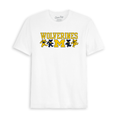 White Michigan Wolverines tee with dancing bear mascots and block M logo, Class Trip | Officially Licensed Collegiate Apparel