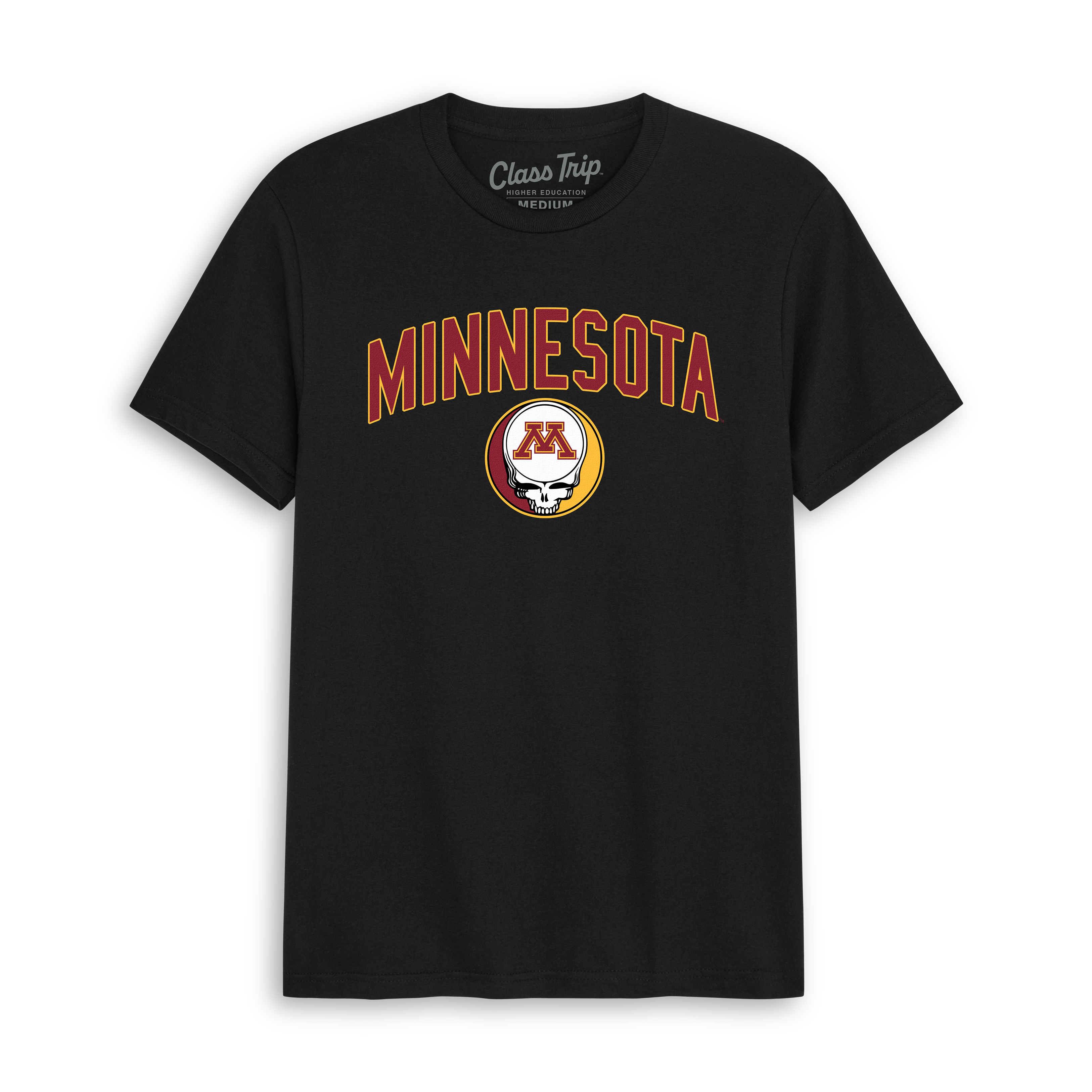 Black Minnesota t-shirt with collegiate logo and skull graphic, Class Trip | Officially Licensed Collegiate Apparel