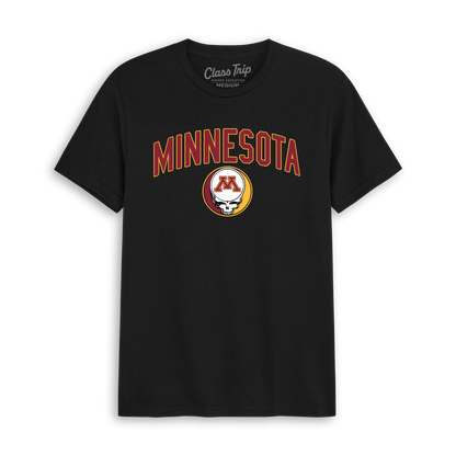 Black Minnesota t-shirt with collegiate logo and skull graphic, Class Trip | Officially Licensed Collegiate Apparel