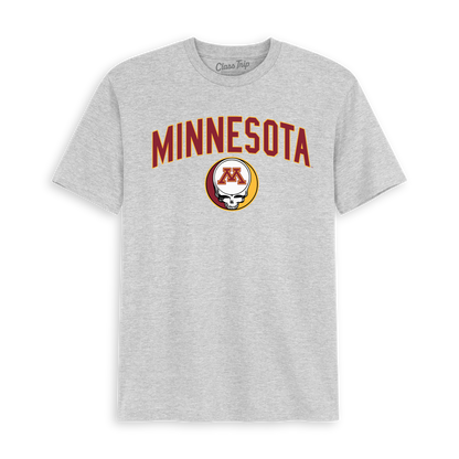 Grey Minnesota collegiate t-shirt with arched logo and skull graphic, Class Trip | Officially Licensed Collegiate Apparel