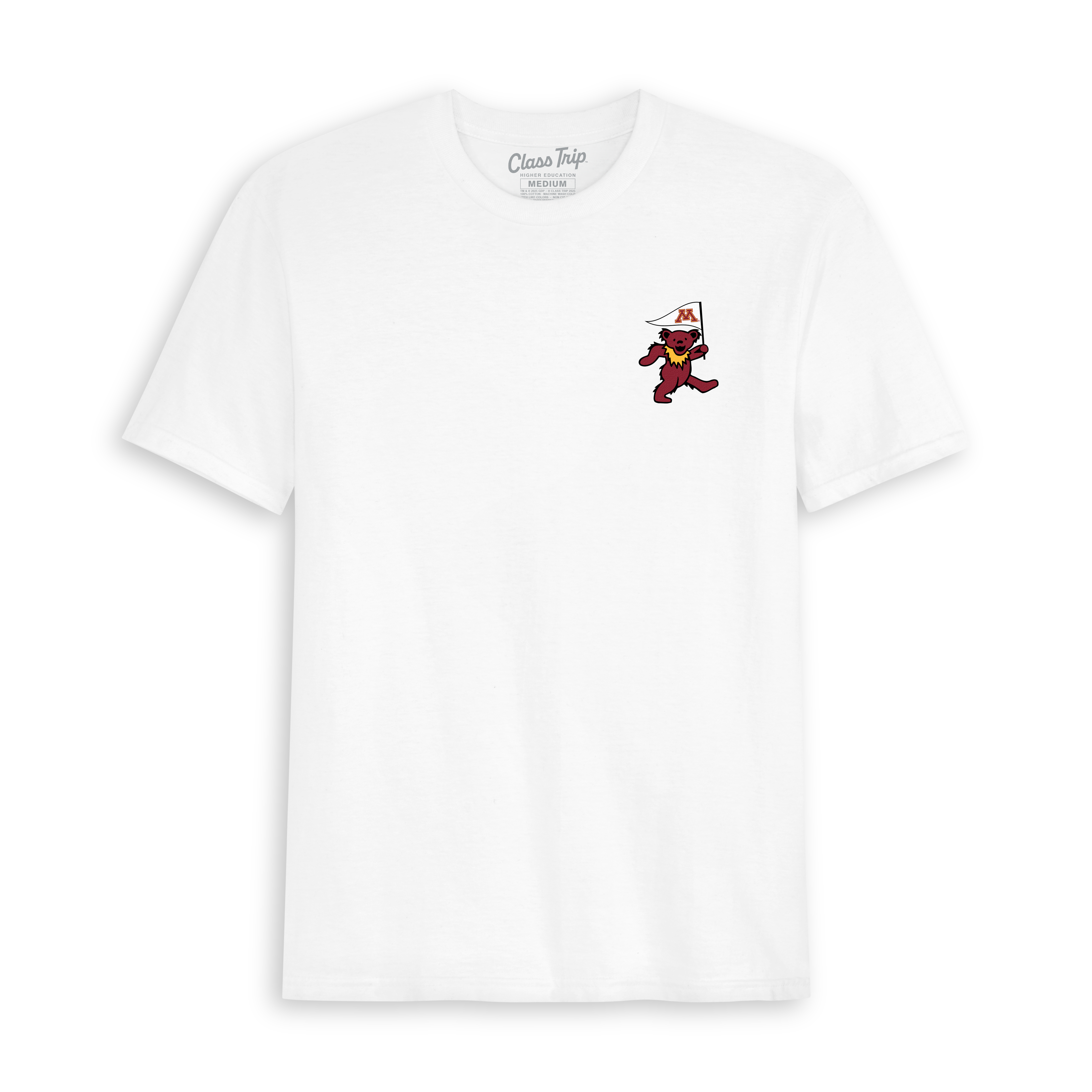White collegiate tee with maroon dancing bear and Minnesota pennant graphic, Class Trip | Officially Licensed Collegiate Apparel