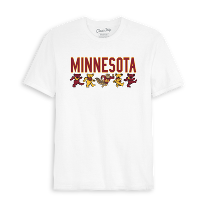 White Minnesota t-shirt with dancing bears and mascot graphic, collegiate tee. Class Trip | Officially Licensed Collegiate Apparel
