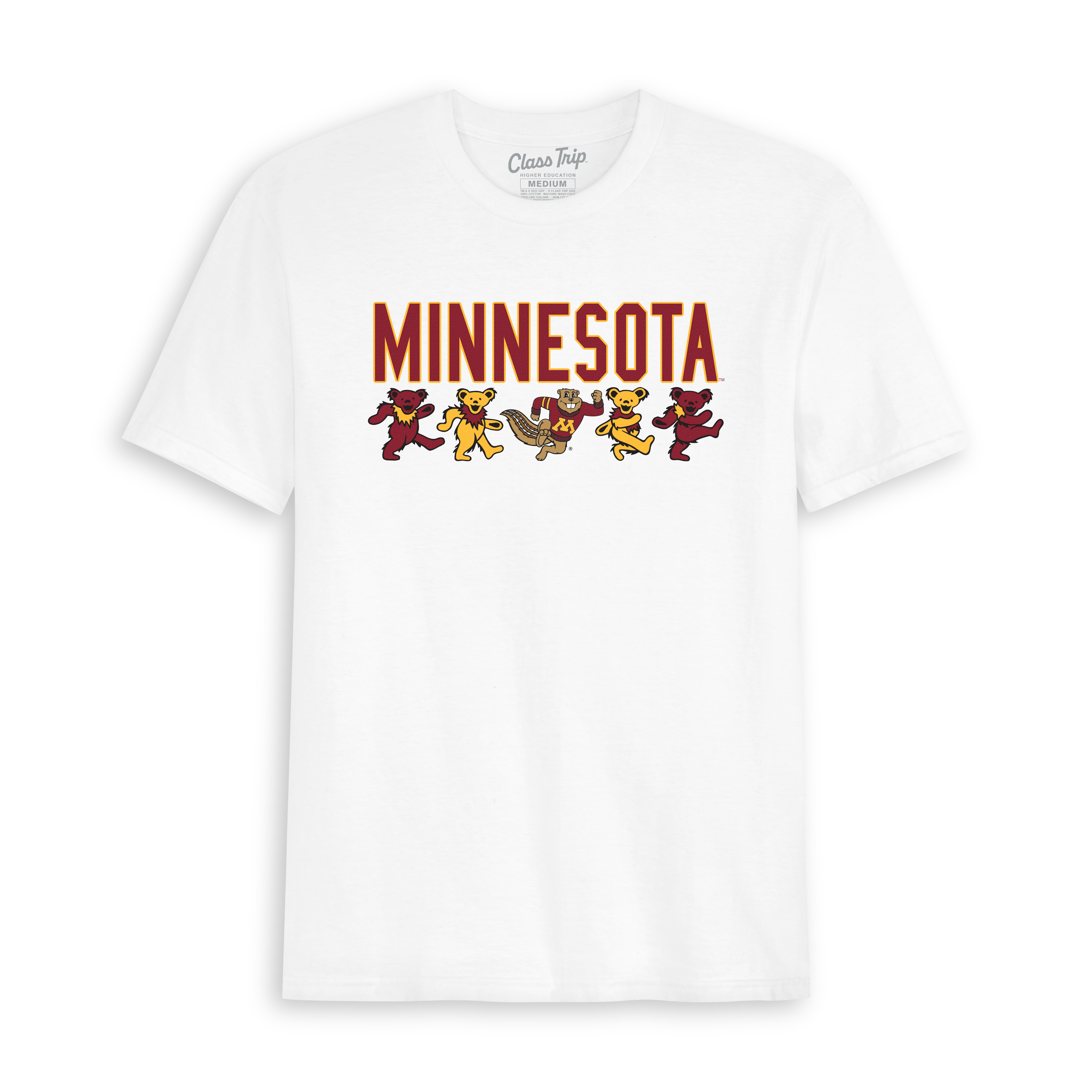 White Minnesota t-shirt with dancing bears and mascot graphic, collegiate tee. Class Trip | Officially Licensed Collegiate Apparel