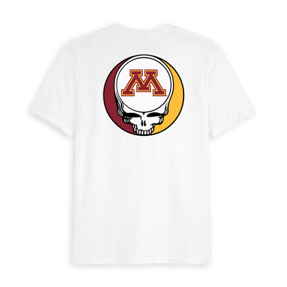 White collegiate tee with maroon and gold skull graphic and university emblem on back. Class Trip | Officially Licensed Collegiate Apparel