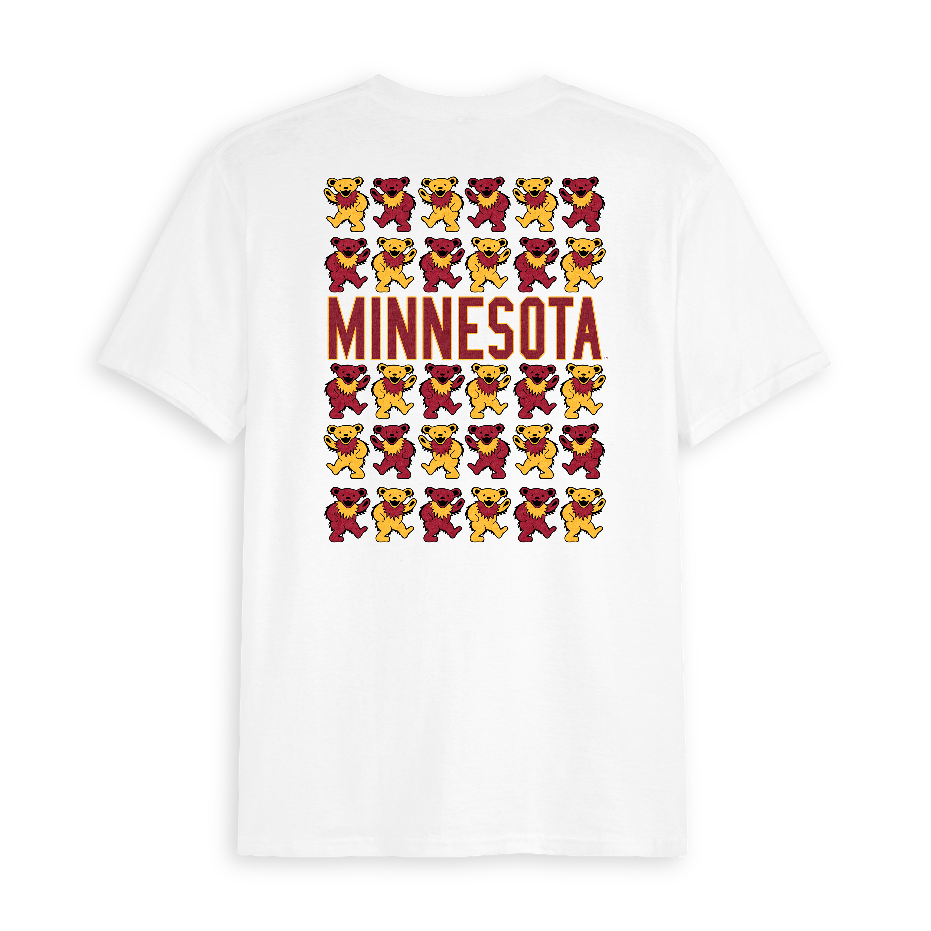 White tee with stacked maroon and gold dancing bears, bold MINNESOTA text on back. Class Trip | Officially Licensed Collegiate Apparel