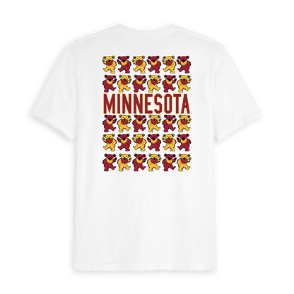 White tee with stacked maroon and gold dancing bears, bold MINNESOTA text on back. Class Trip | Officially Licensed Collegiate Apparel
