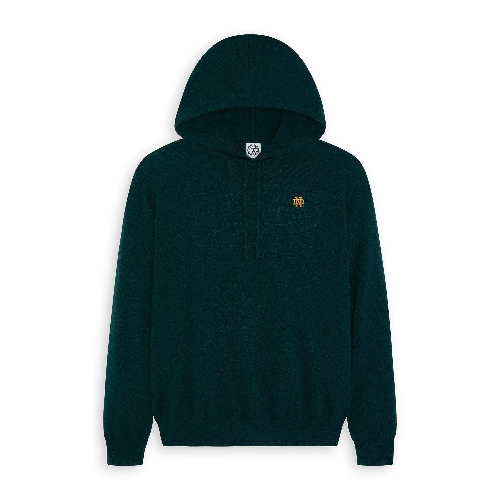 Dark green Notre Dame hoodie with gold ND logo, knit texture, hooded design. Notre Dame Hoodie | Class Trip | Officially Licensed Collegiate Apparel