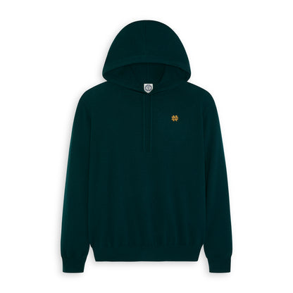 Dark green Notre Dame hoodie with gold ND logo, knit texture, hooded design. Notre Dame Hoodie | Class Trip | Officially Licensed Collegiate Apparel