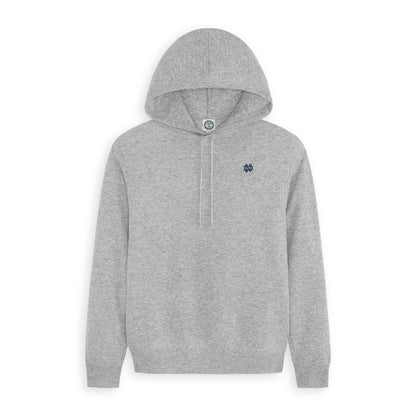Gray Notre Dame hoodie with embroidered logo, soft knit fabric, half-zip front. Class Trip | Officially Licensed Collegiate Apparel