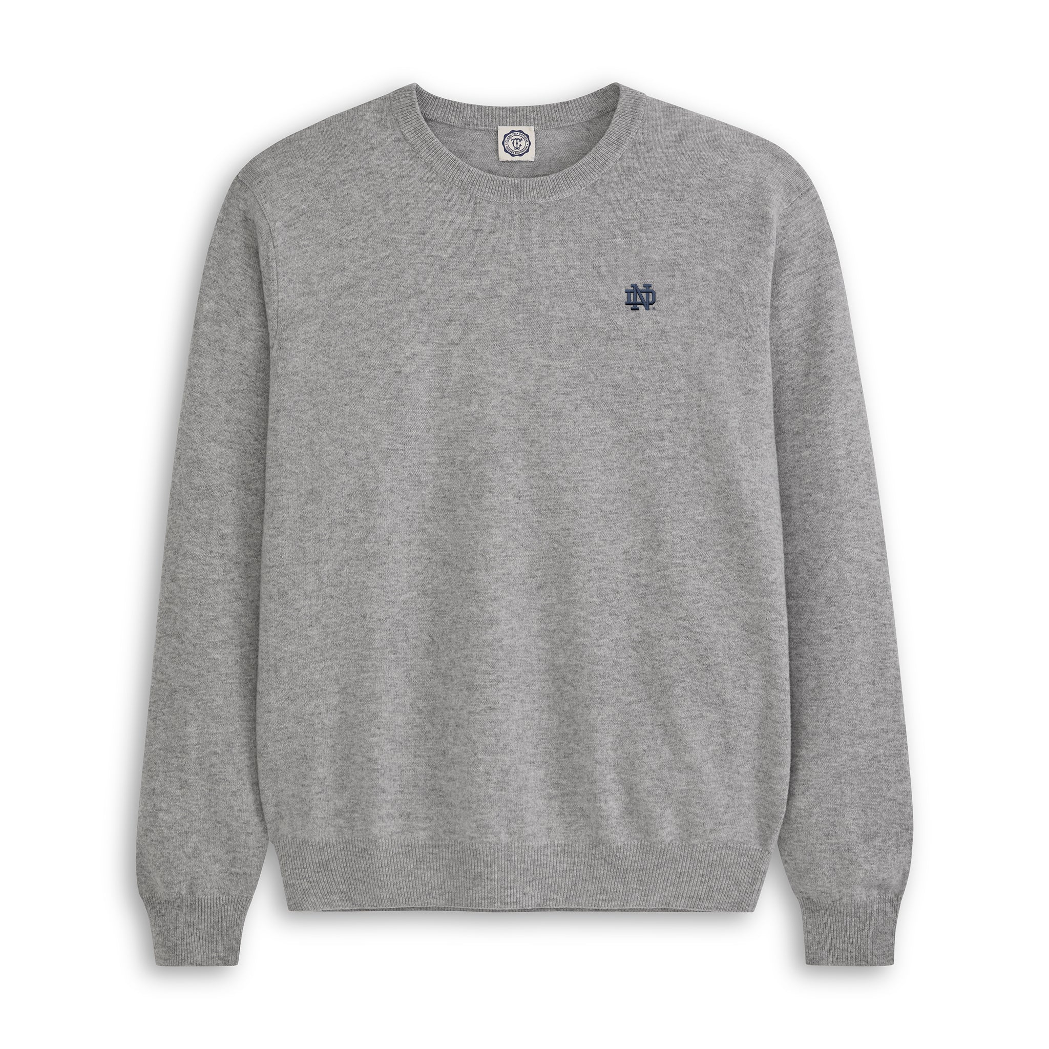 Men's grey merino crewneck sweater with university logo embroidery, front view. Class Trip | Officially Licensed Collegiate Apparel