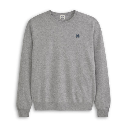 Men's grey merino crewneck sweater with university logo embroidery, front view. Class Trip | Officially Licensed Collegiate Apparel