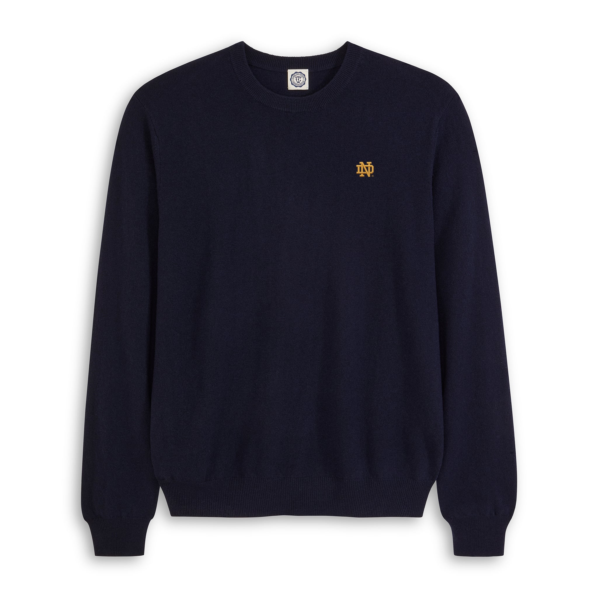 Men's navy merino wool crewneck sweater with gold collegiate logo on chest. Class Trip | Officially Licensed Collegiate Apparel