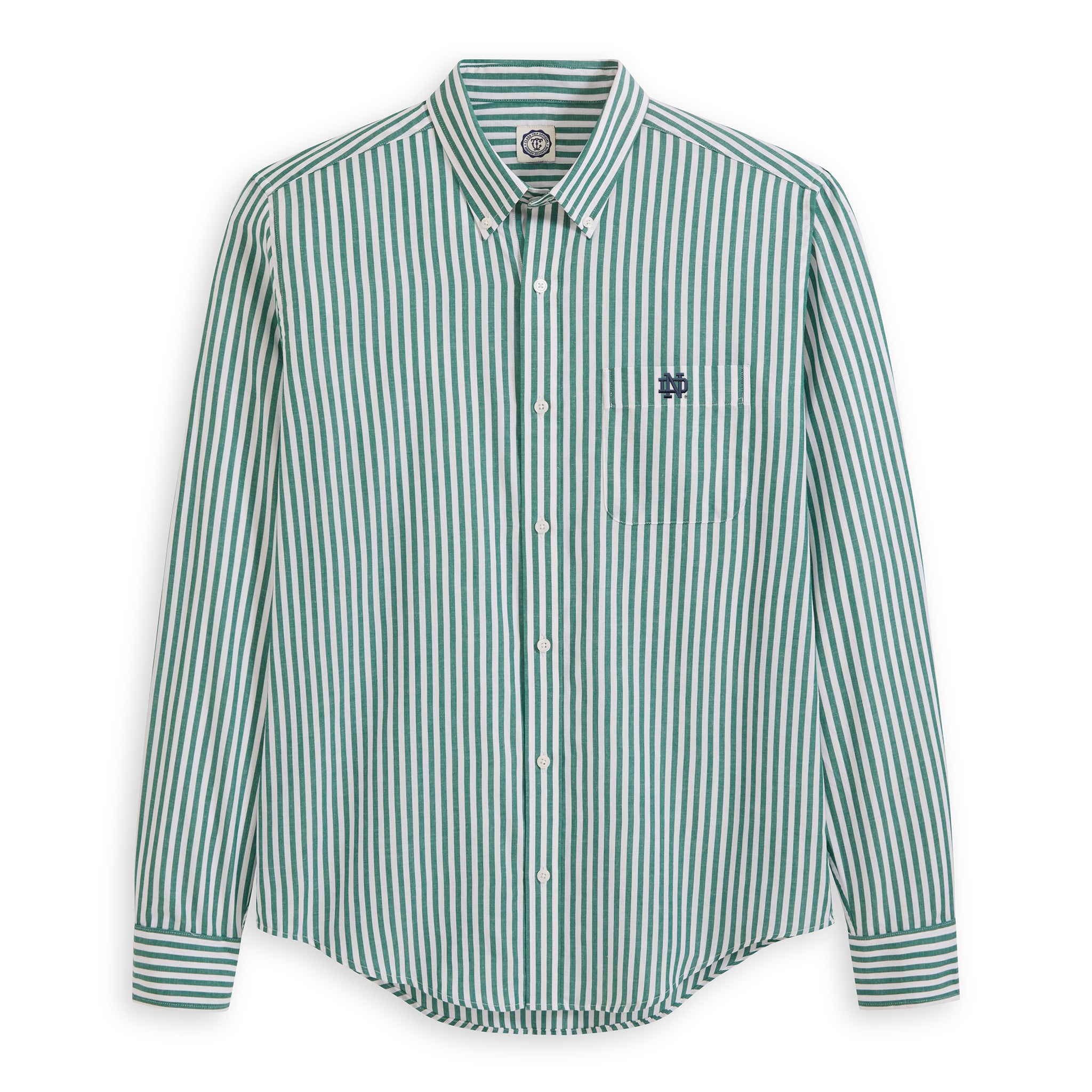 Men's green and white striped poplin button-down shirt with chest pocket. Class Trip | Officially Licensed Collegiate Apparel