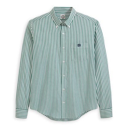 Men's green and white striped poplin button-down shirt with chest pocket. Class Trip | Officially Licensed Collegiate Apparel