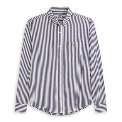 Men's navy and white striped poplin button-up shirt with chest pocket logo. Class Trip | Officially Licensed Collegiate Apparel