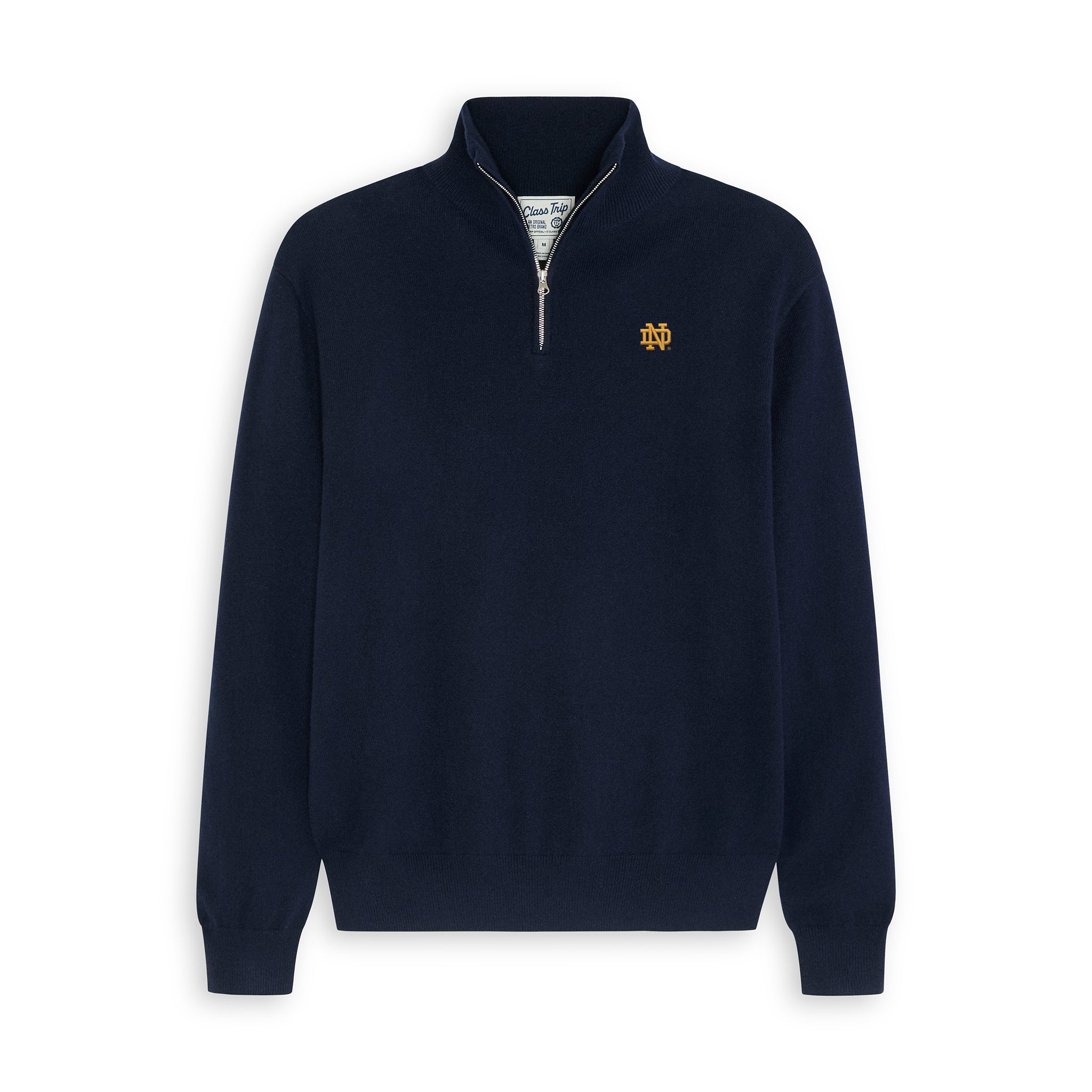 Navy Notre Dame quarter-zip sweater with gold ND logo, Class Trip | Officially Licensed Collegiate Apparel