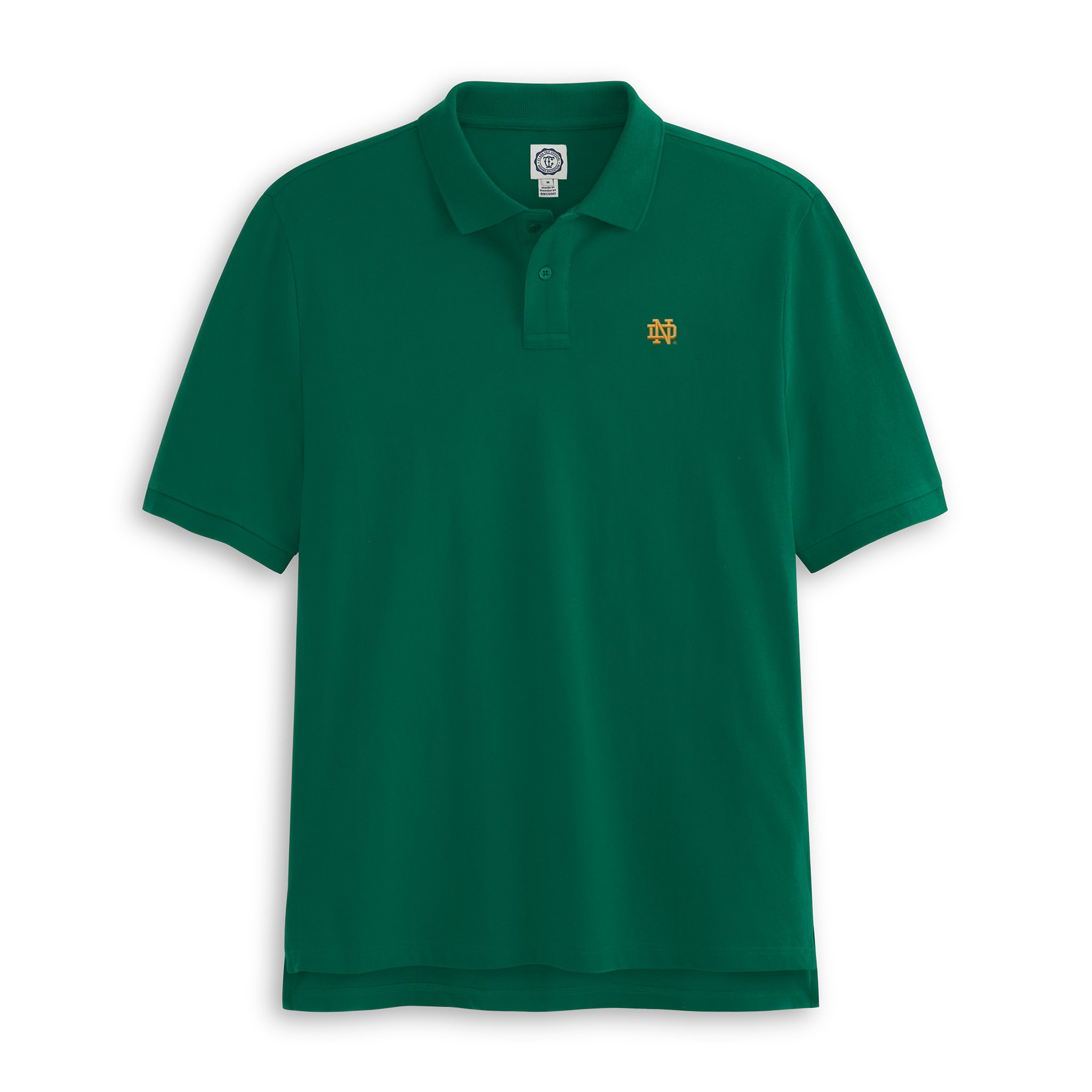 Green polo shirt with gold collegiate logo on chest, short sleeves, Class Trip | Officially Licensed Collegiate Apparel