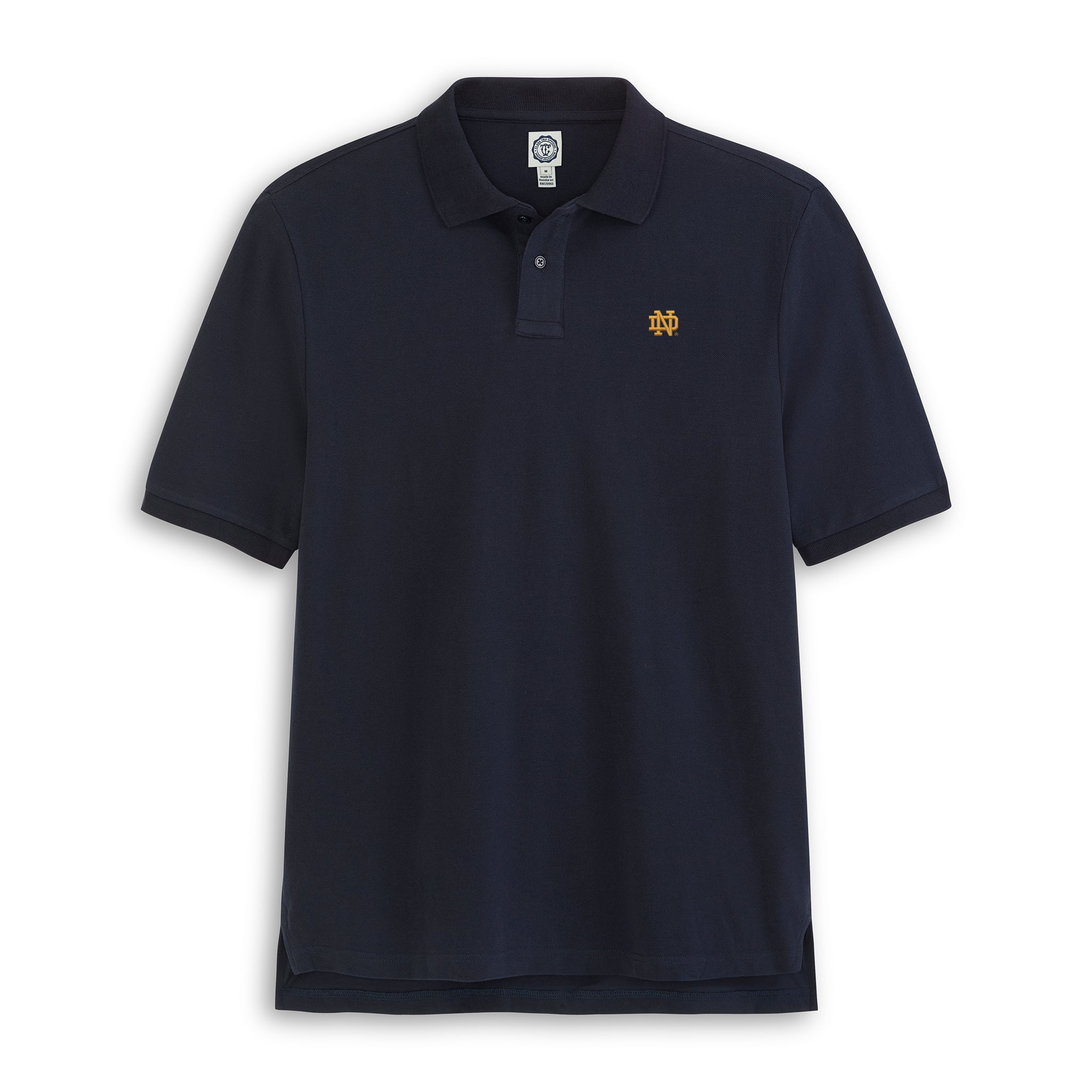 Navy collegiate polo shirt with gold embroidered logo on chest, short sleeves, cotton fabric. Class Trip | Officially Licensed Collegiate Apparel