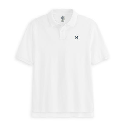 White collegiate polo shirt with embroidered logo on chest, short sleeves, flat lay. Class Trip | Officially Licensed Collegiate Apparel