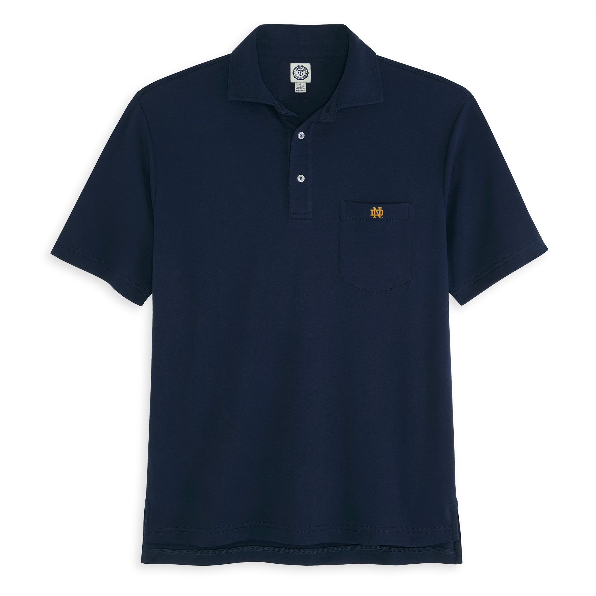Navy blue short sleeve polo shirt with embroidered collegiate logo on pocket, Class Trip | Officially Licensed Collegiate Apparel