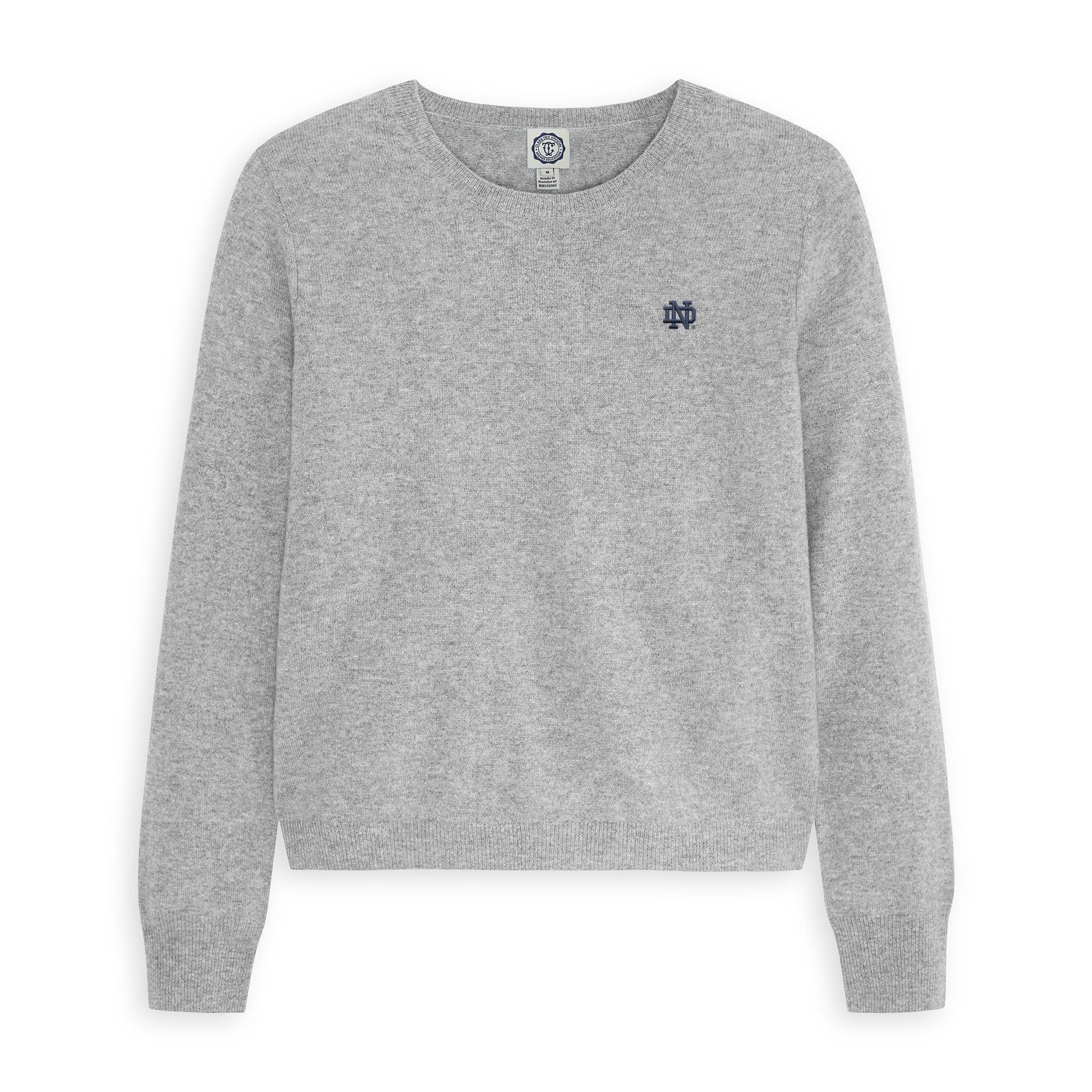 Gray Notre Dame crewneck sweater with embroidered logo, soft knit, campus style. Notre Dame Crewneck Sweater | Class Trip | Officially Licensed Collegiate Apparel