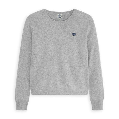 Gray Notre Dame crewneck sweater with embroidered logo, soft knit, campus style. Notre Dame Crewneck Sweater | Class Trip | Officially Licensed Collegiate Apparel