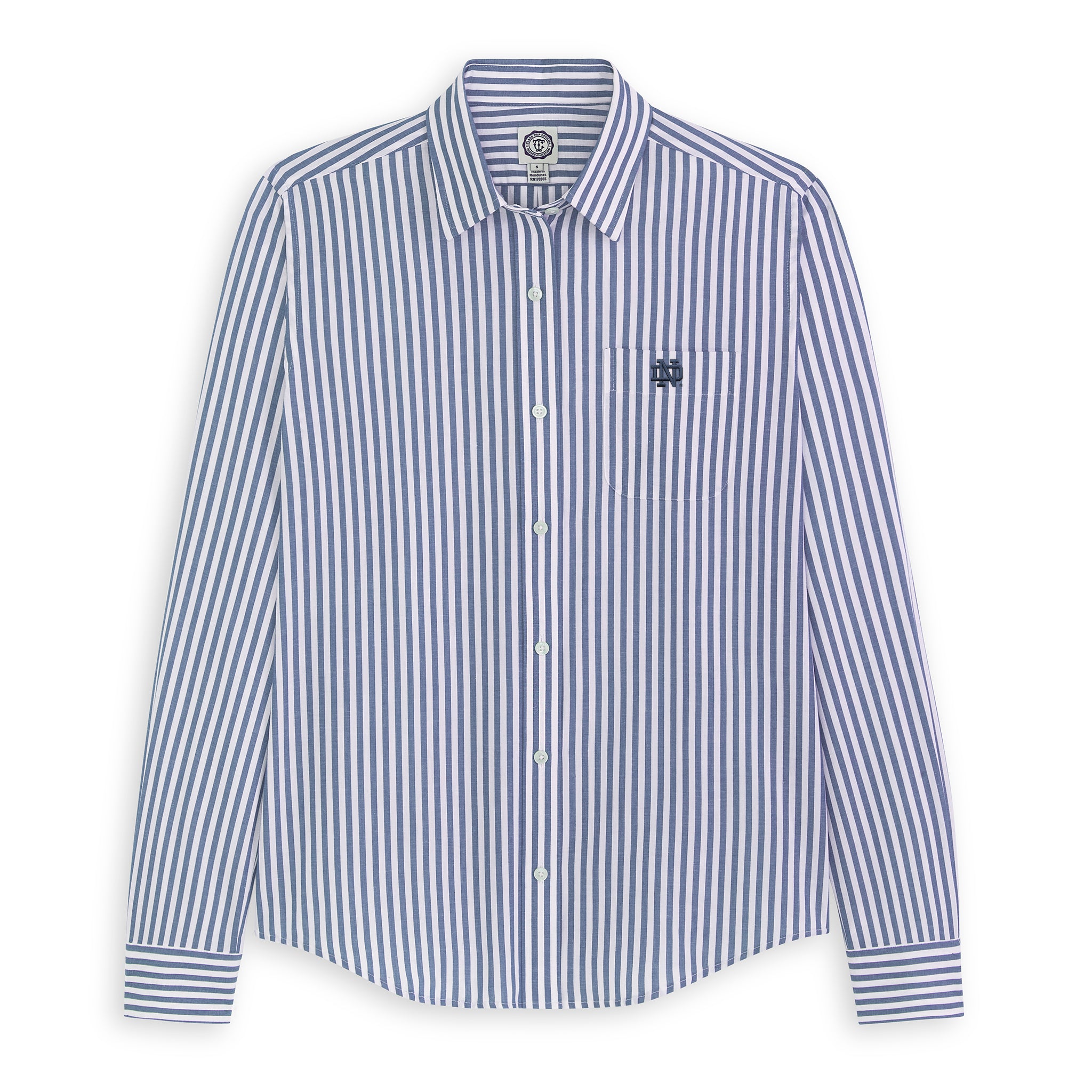 Women's blue and white striped poplin button-up shirt with chest pocket. Class Trip | Officially Licensed Collegiate Apparel