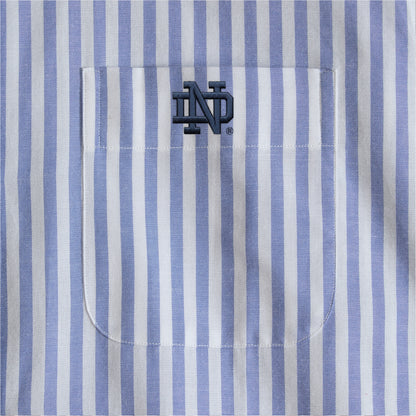 Blue and white striped women's poplin shirt pocket with embroidered collegiate logo. Class Trip | Officially Licensed Collegiate Apparel