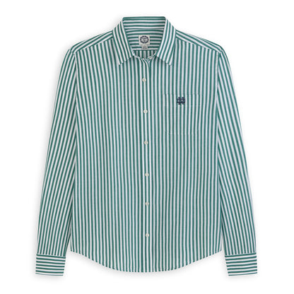 Women's green and white striped poplin button-down shirt, collegiate style, long sleeves, chest pocket. Class Trip | Officially Licensed Collegiate Apparel