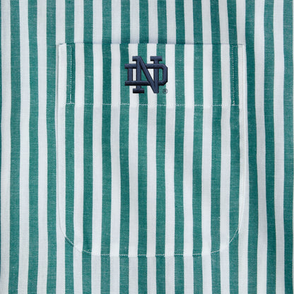 Green and white striped poplin shirt pocket with embroidered collegiate ND logo. Class Trip | Officially Licensed Collegiate Apparel