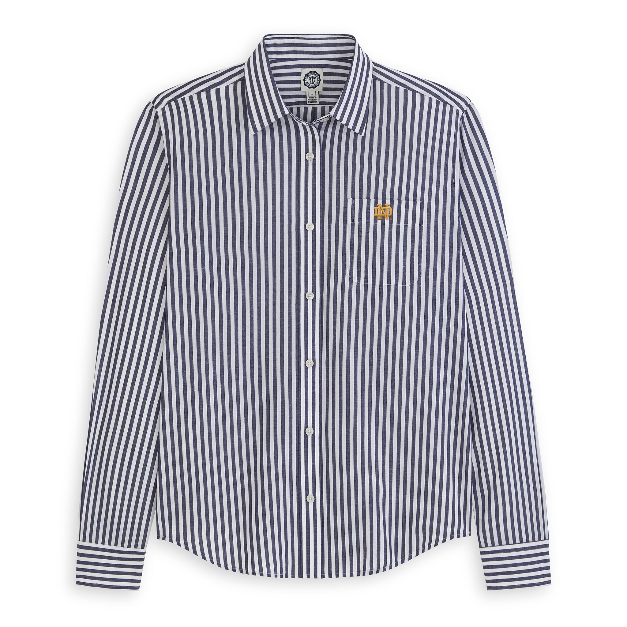 Women's navy and white striped poplin button-up shirt with chest pocket. Class Trip | Officially Licensed Collegiate Apparel