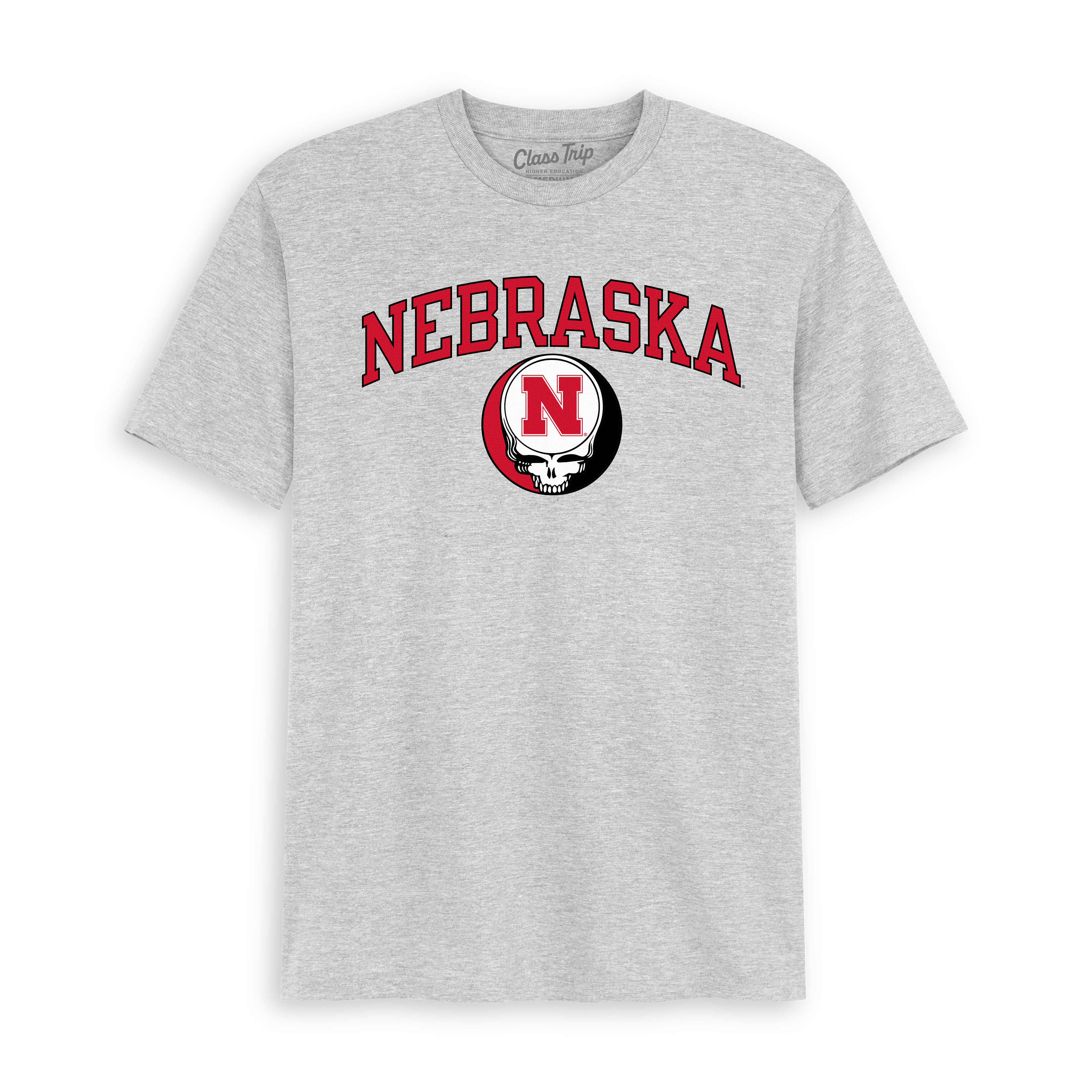 Gray Nebraska tee with red arched text and skull logo, collegiate shirt. Class Trip | Officially Licensed Collegiate Apparel