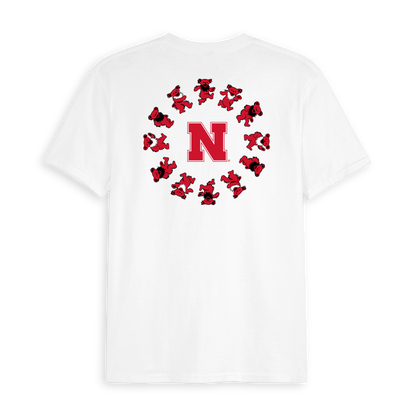 White t-shirt with Nebraska N logo and red dancing bears in a circle, collegiate apparel. Class Trip | Officially Licensed Collegiate Apparel