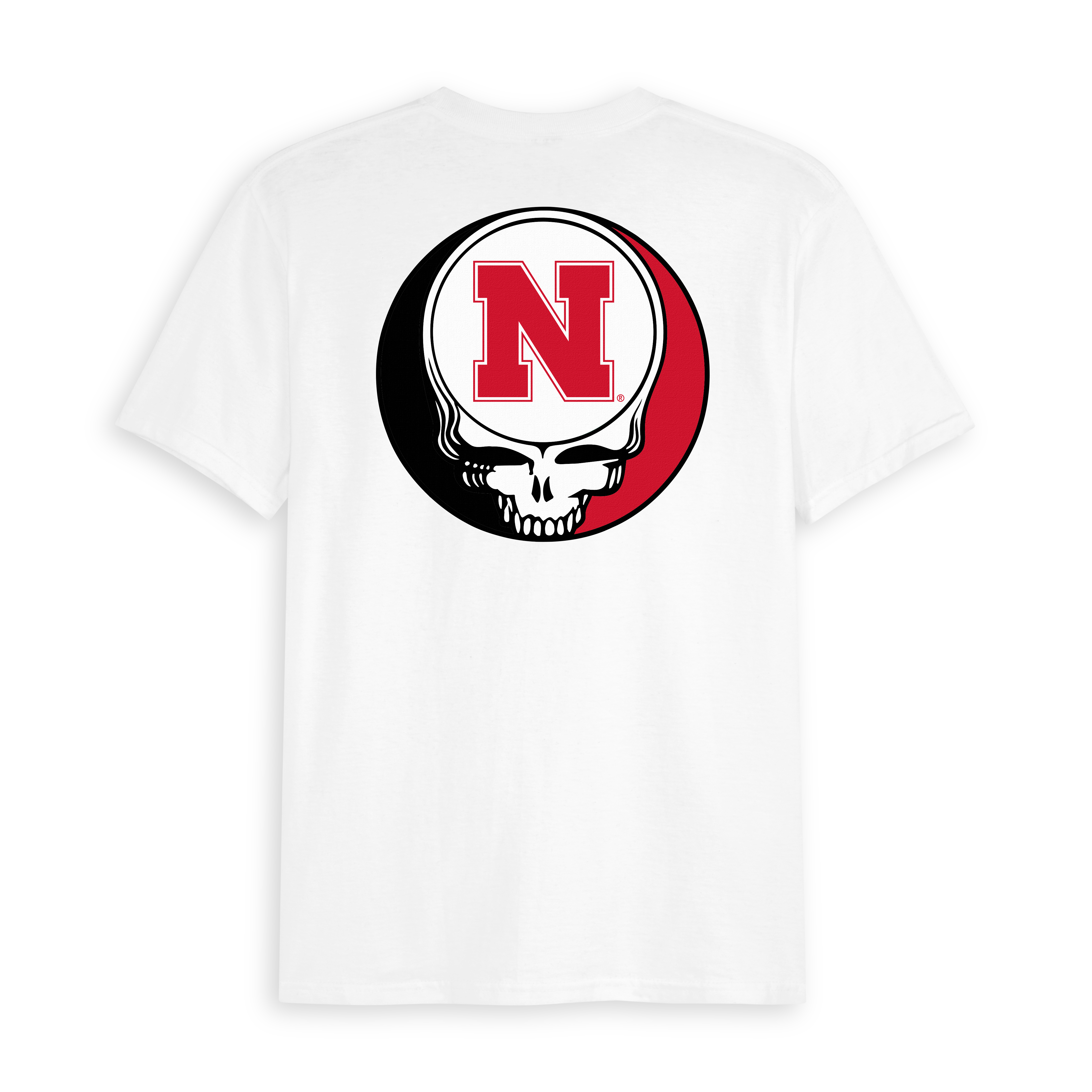 White collegiate t-shirt featuring Nebraska 'N' logo inside a Grateful Dead skull graphic. Class Trip | Officially Licensed Collegiate Apparel