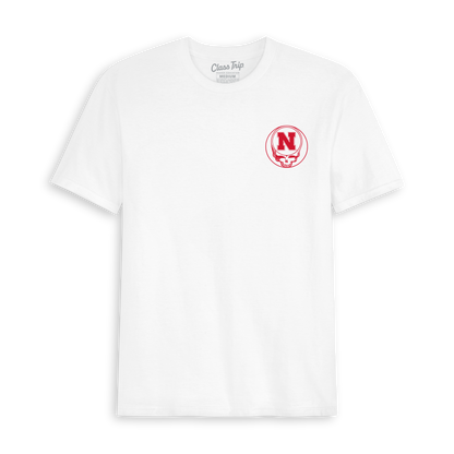White collegiate t-shirt featuring red Nebraska logo and skull graphic on chest. Class Trip | Officially Licensed Collegiate Apparel