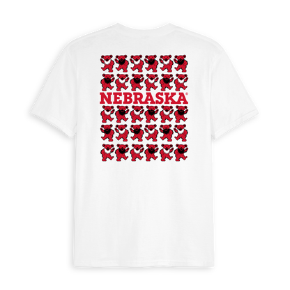 White Nebraska tee shirt with stacked red dancing bears graphic on back. Class Trip | Officially Licensed Collegiate Apparel