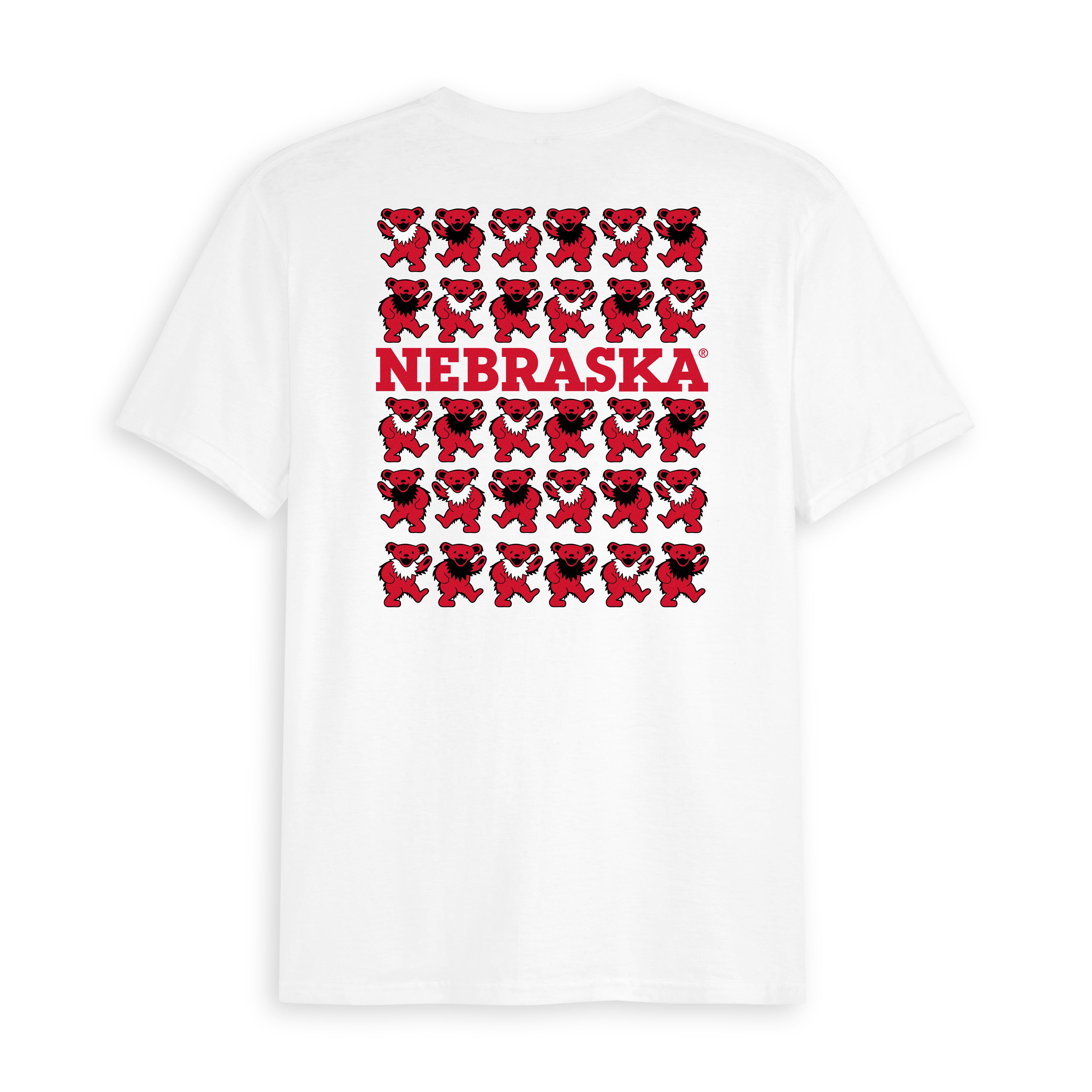 White Nebraska tee shirt with stacked red dancing bears graphic on back. Class Trip | Officially Licensed Collegiate Apparel