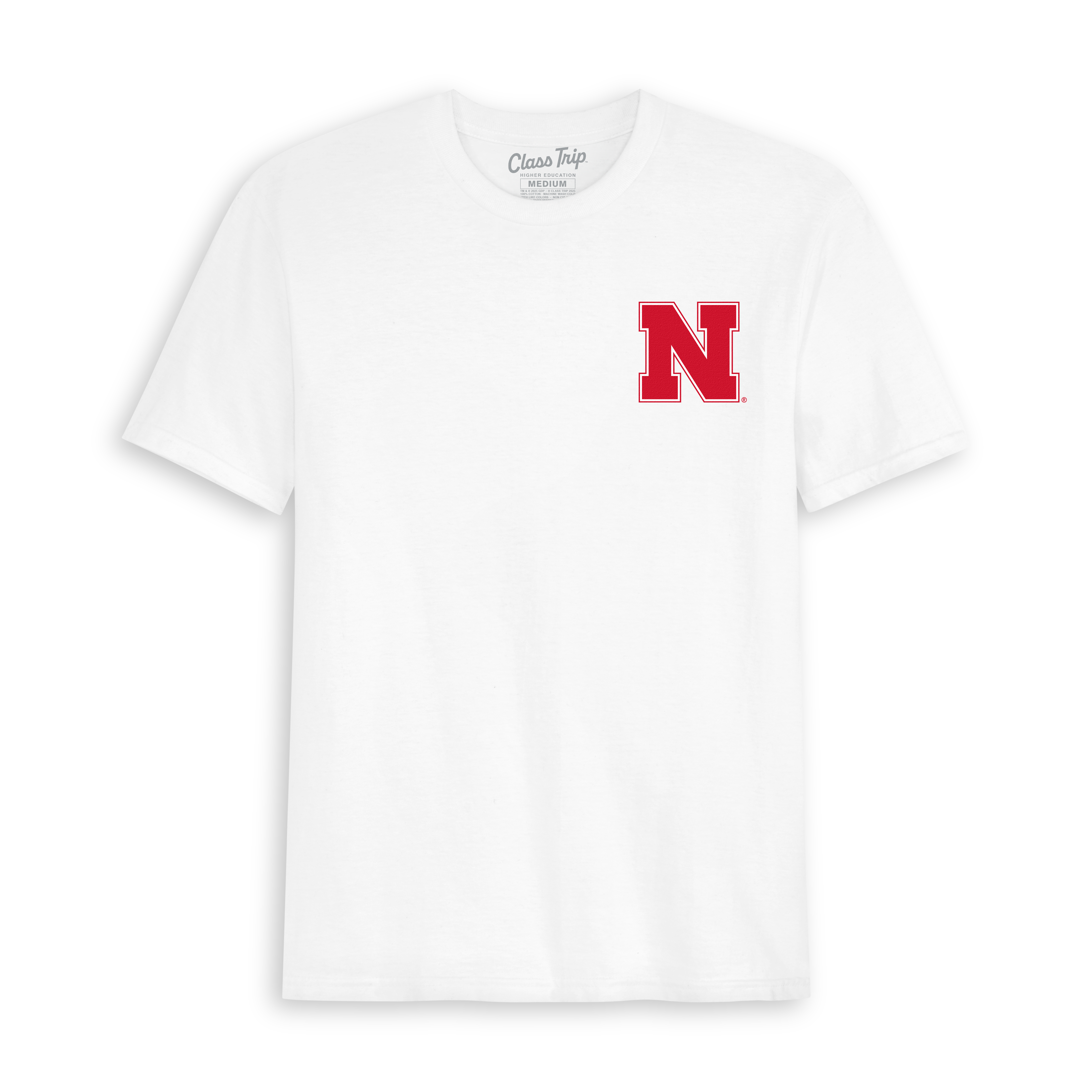 White collegiate t-shirt with red Nebraska logo on chest. Class Trip | Officially Licensed Collegiate Apparel