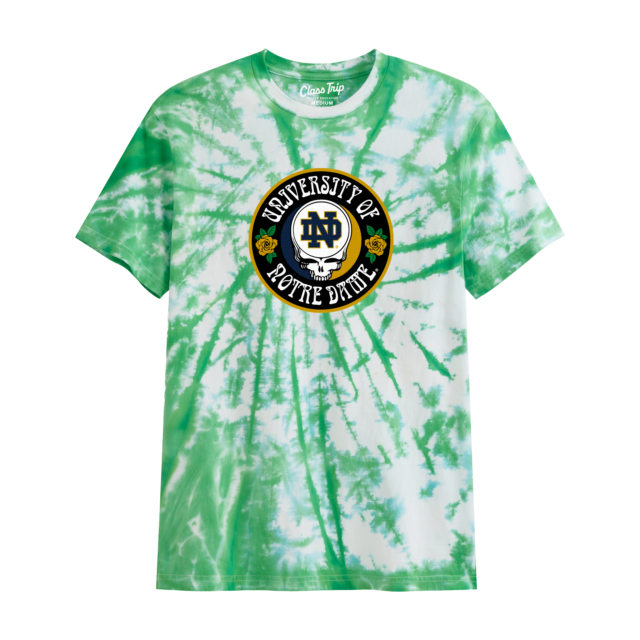 Green and white tie-dye tee with University of Notre Dame skull logo on front. Class Trip | Officially Licensed Collegiate Apparel
