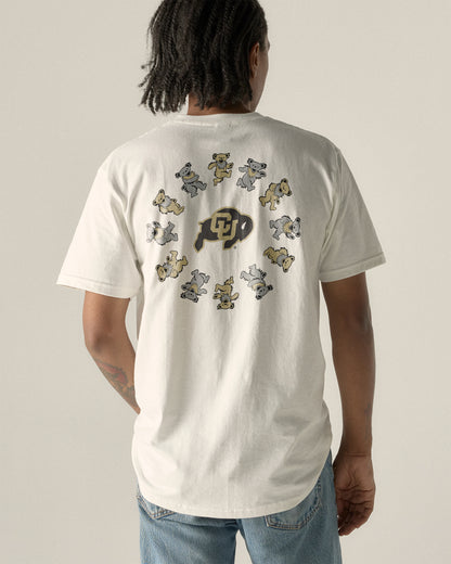 White t-shirt with dancing bears and CU logo, Class Trip | Higher Education